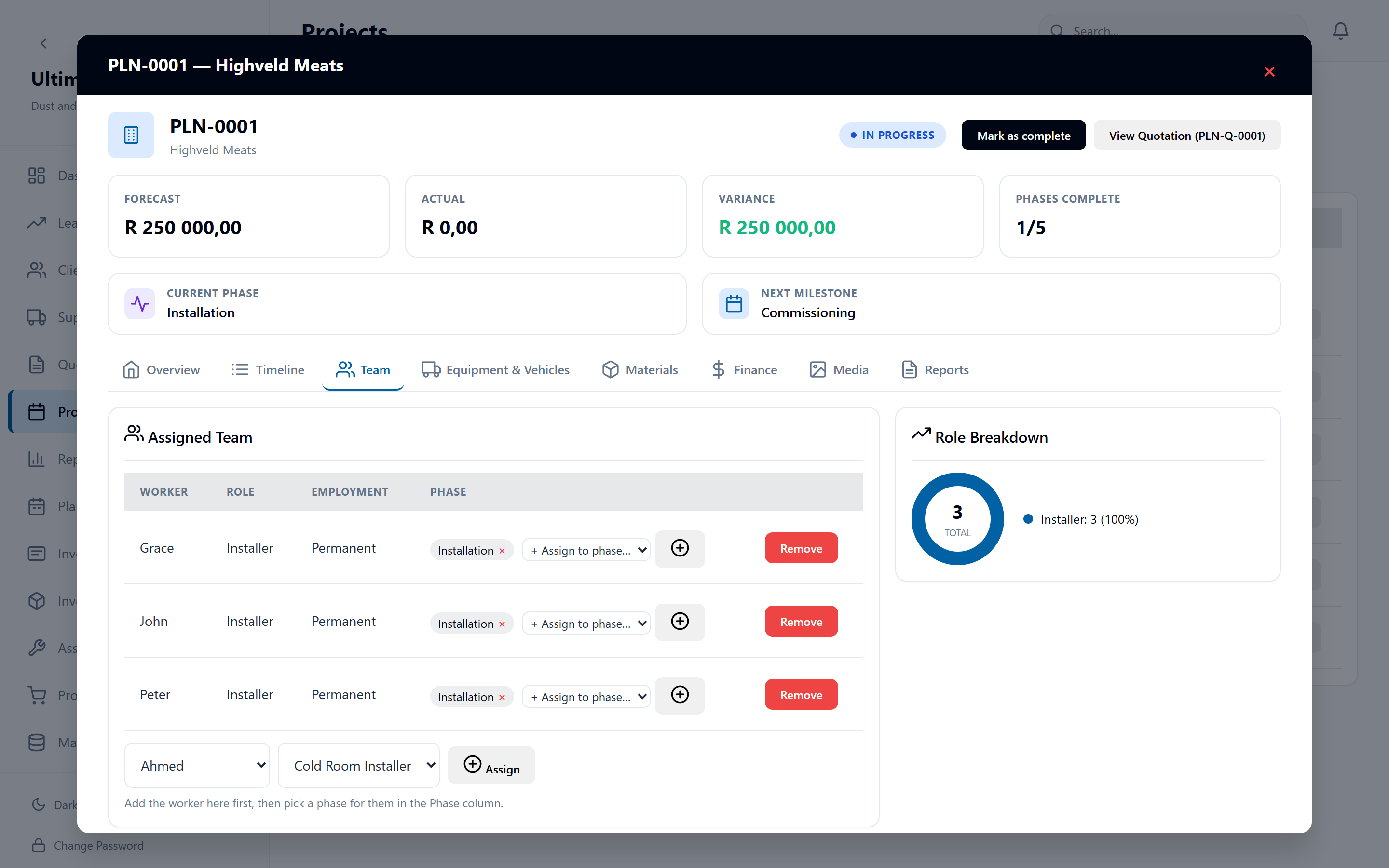 Team & roles — Assign installers to phases and see the role mix.
